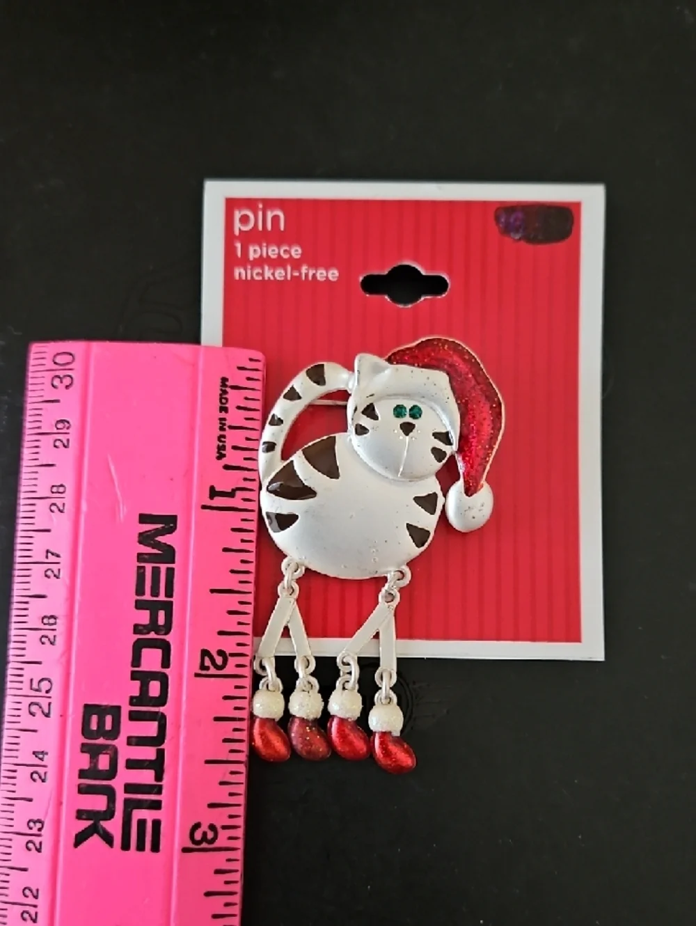 Festive Cat Holiday Brooch Pin in Red and Silver